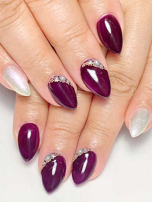 Short Stiletto Dark Purple with Pearl Nails