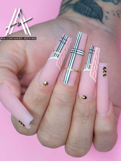 Long Coffin Matte Pink Nails with Gold Rhinestones, Sweater, and Plaid Nail Art