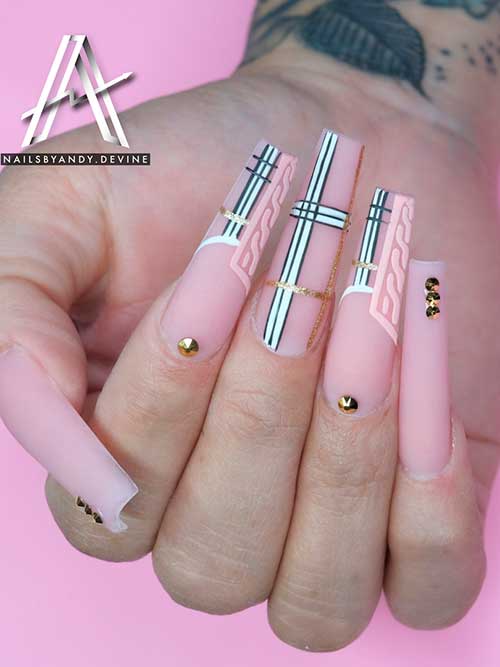 Delicate Pink Plaid Nail Design Long Coffin Matte Pink Nails with Gold Rhinestones, Sweater, and Plaid Nail Art