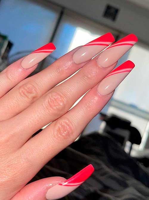 Long Coffin Diagonal Red French Tip Nails for A Fancy Look