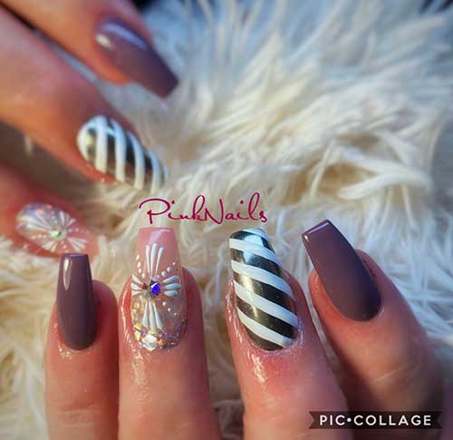 Dusty Dark Purple Nails for Christmas Dusty Dark Purple Coffin Nails for Christmas with Snowflake and Candy Cane Designs on Accent Nails