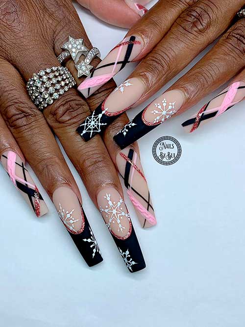 Long Coffin Matte French Black and Pink Nails with Striped Nail Art