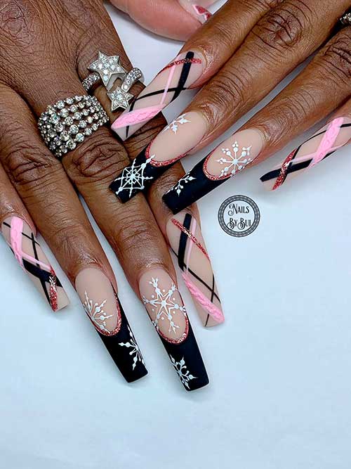 Elegant Black and Pink Nails Long Coffin Matte French Black and Pink Nails with Striped Nail Art