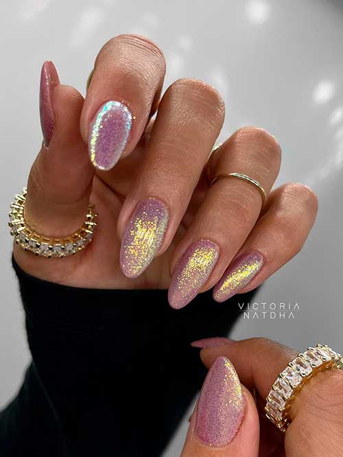Long Round Shaped Elegant Gleam Glitter New Year Nails 2023