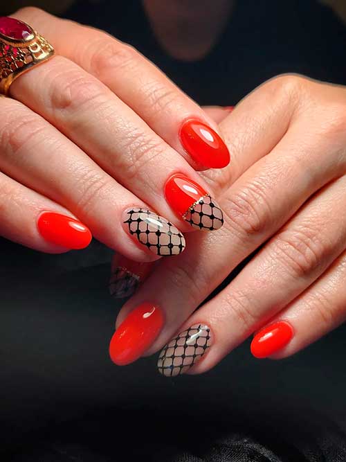 Elegant Red and Black Fishnet Nails Medium Round Elegant Red and Black Fishnet Nails