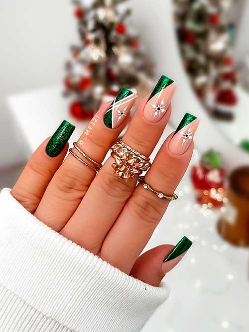 Festive Dark Green Diagonal French Nails Medium Square Shaped Festive Dark Green Christmas Diagonal French Nails with White Snowflakes