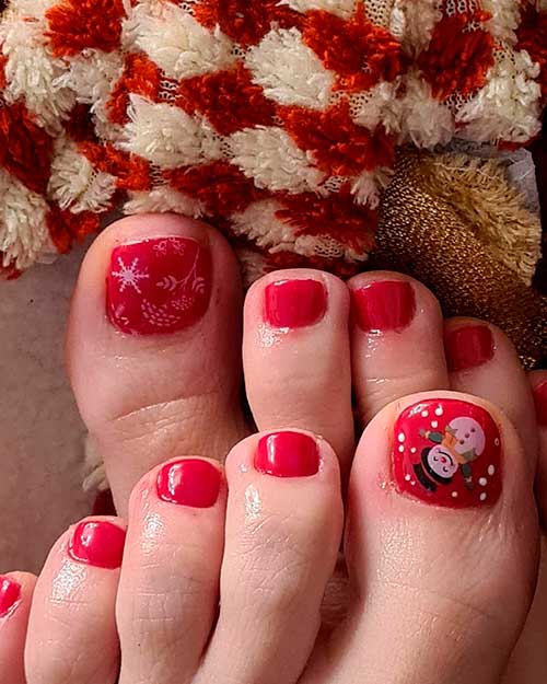 Festive Red Christmas Toe Nails with Snowflakes and Snowman on Big Toenails