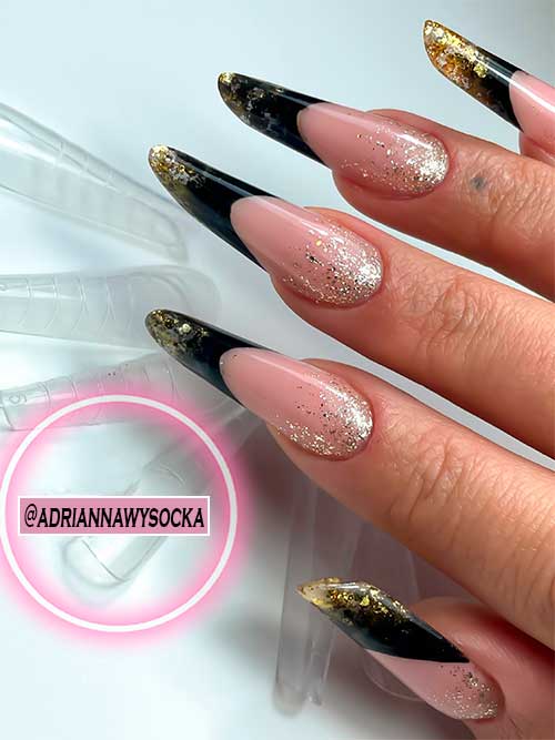 Logn Round Shaped French Black Nails with Gold Glitter