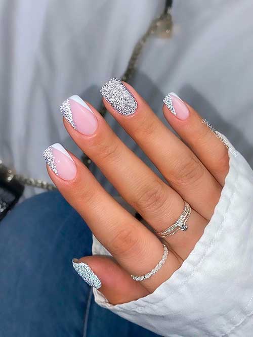 Short White and Silver Glitter New Years French Chevron Nails