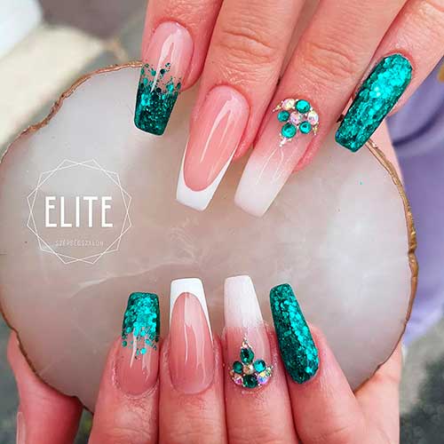 French Manicure with Emerald Glitter and Rhinestones Long Coffin French Nails with Emerald Glitter and Rhinestones