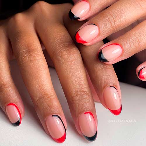 Short French Red and Black Nails with Nude Base Color