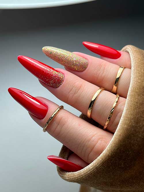 Long Almond Shaped Gel Red Nails With Gold Glitter That Suit the Holiday Season