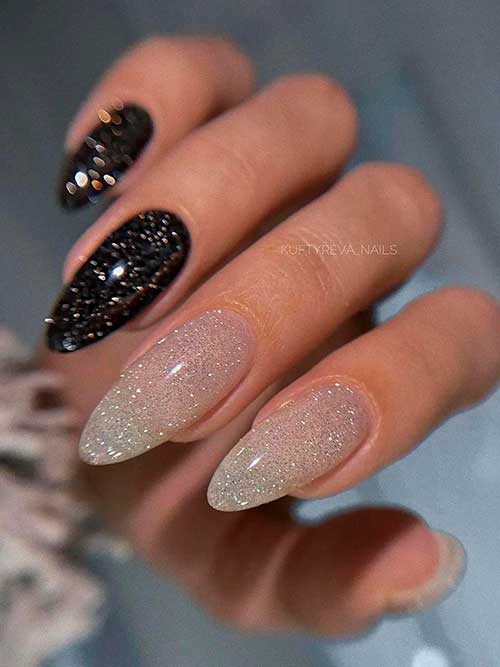 Long Almond Shaped Glitter Black and Milky White Gel Nails for the New Year