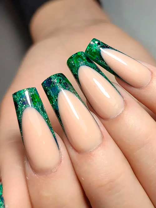 Glitter Emerald French Tip Nails Long Coffin Glitter Emerald French Tip Nails with Nude Base Color