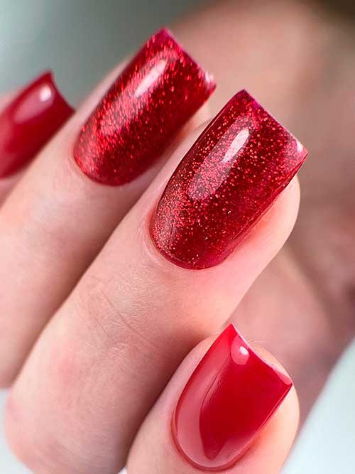 Short Square Shaped Glitter Red Valentine Nails are Simple but Cute