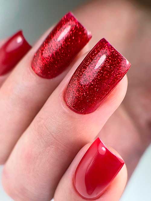 Glitter Red Valentine Nails Short Square Shaped Glitter Red Valentine Nails are Simple but Cute
