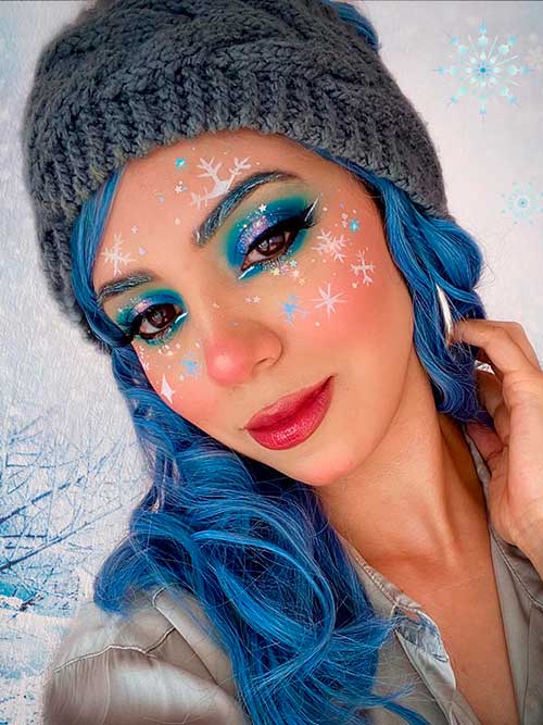 Glittery Snowflake Makeup Look with Red Lips for Christmas 2022