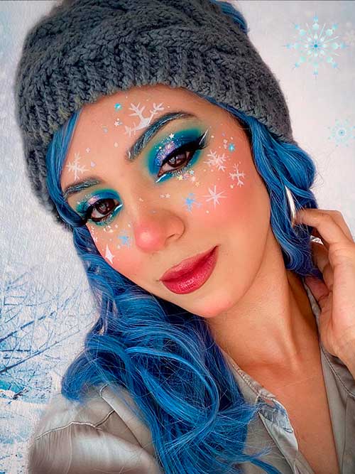 Glittery Snowflake Makeup Look with Red Lips Glittery Snowflake Makeup Look with Red Lips for Christmas 2022