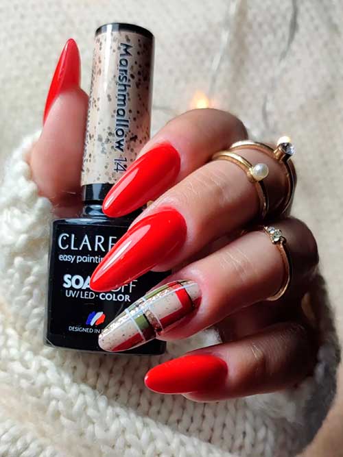 Glossy Red Christmas Nails with Plaid Nail Art on an Accent Nail