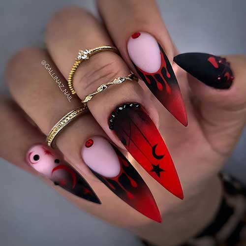 Long Stiletto Matte Ombre Gothic Black and Red Nails with Blood Drip Nail Art and Rhinestones