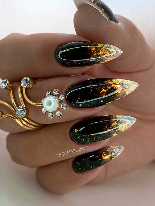 Long Gradient Black to Milky White Gel Nails with Gold Flakes for The New Year