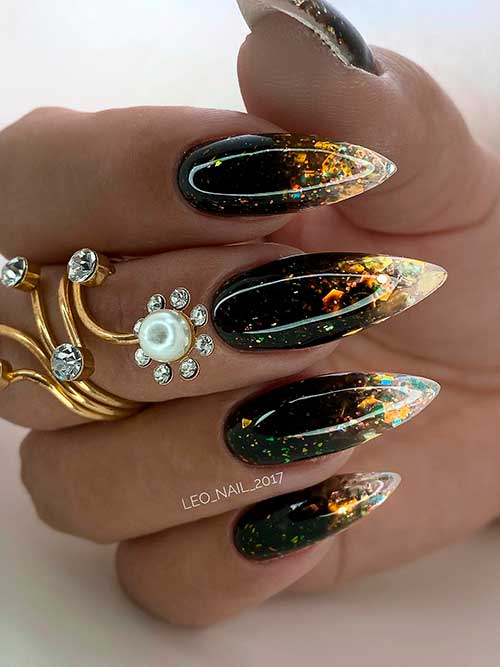 Gradient Black Gel Nails with Gold Flakes Long Gradient Black to Milky White Gel Nails with Gold Flakes for The New Year