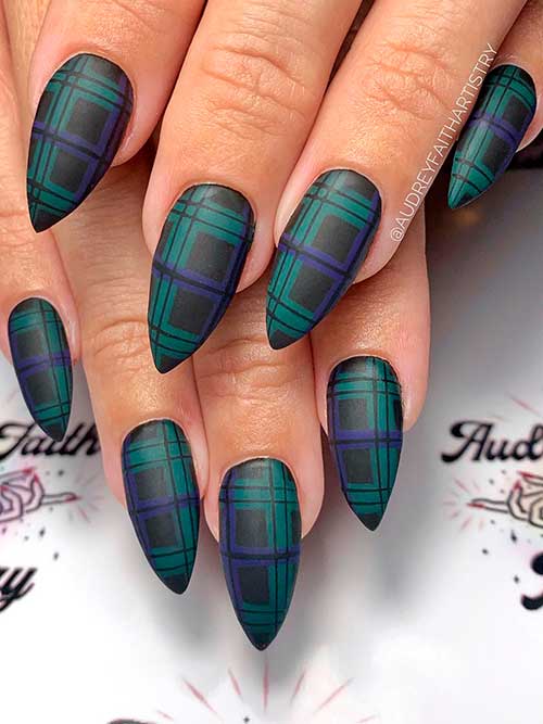 Green and Black Plaid Nails Cute stiletto matte green and black plaid nails with a touch of blue