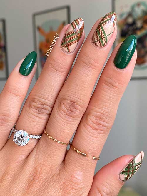 Dark Green and Nude Plaid Nails Medium Almond Shaped Glossy Dark Green, Nude, and Brown Plaid Nails