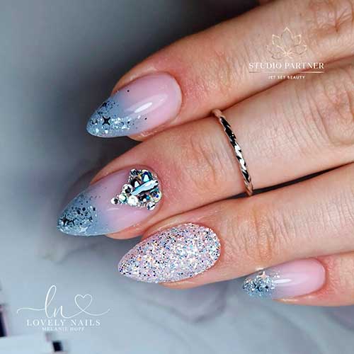 Medium Almond Shaped Grey Ombre Nails with Glitter and Rhinestones