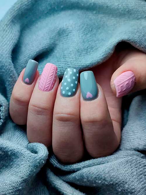 Medium Square Grey Pink Nails with Sweater Nail Art, Polka Dot, and Heart Shapes