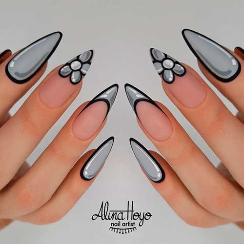 Long Almond Shaped Grey Pop Art Nails with A Flower on an Accent Nail