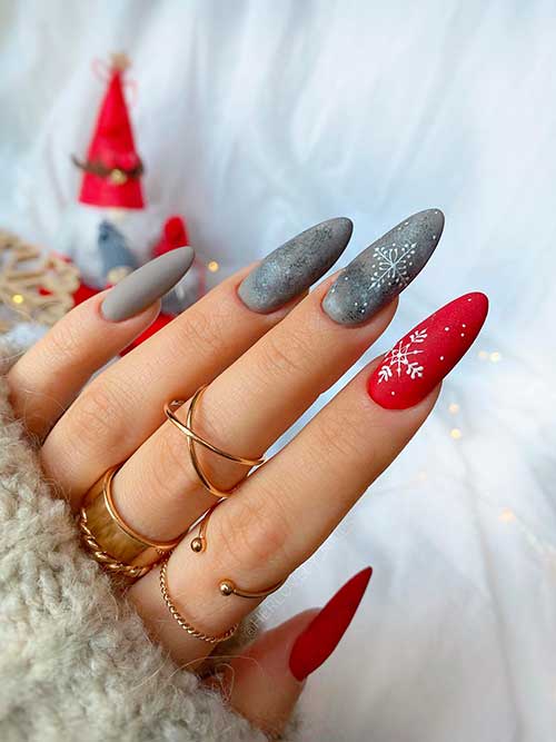 Long Almond Shaped Grey and Red Nails with Snowflakes One of The Best Grey Nail Designs to Try in 2023
