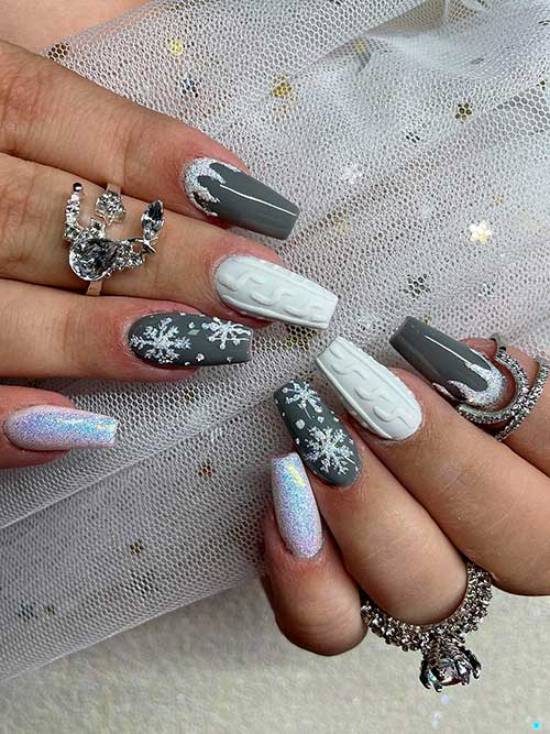 Medium Coffin Grey and White Nails with Glitter, Snowflakes, and a Sweater Nail Art on Accent Nails