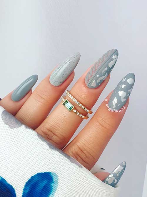 Long Almond Shaped Grey with Silver Foil Nails with Sweater Nail Art on an Accent Nail