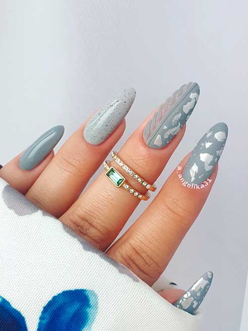 Grey with Silver Foil Nails Long Almond Shaped Grey with Silver Foil Nails with Sweater Nail Art on an Accent Nail