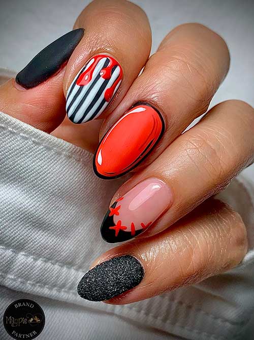 Short Halloween Red and Black Nails with Pop Art, Stripped, French, and Glitter Accent Nails