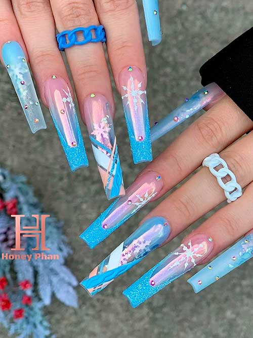 Long Coffin Light Blue and Pink Winter Nails with Snowflakes are The Best of Winter Nail Designs 2023