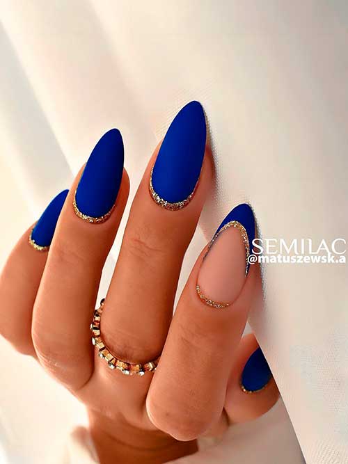 Long Almond Shaped Matte Classy Winter Blue Nails with Gold Glitter