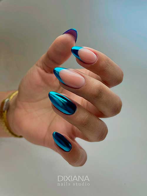 Long Almond Shaped Metallic Blue Winter Nails with Two French Accent Nails