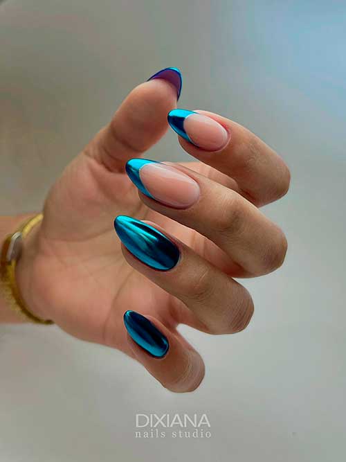 Metallic Blue Winter Nails Long Almond Shaped Metallic Blue Winter Nails with Two French Accent Nails