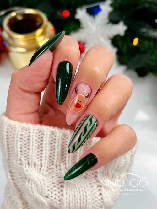 Long Almond Shaped Shimmer Dark Green Christmas Nails with Reindeer and Sweater Nail Art On Two Accent Nails