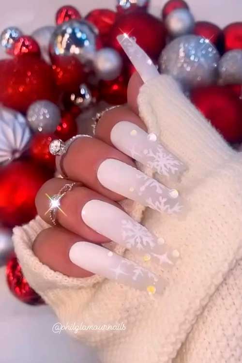 Long Coffin Christmas White Ombre winter nails with Snowflakes and Rhinestones