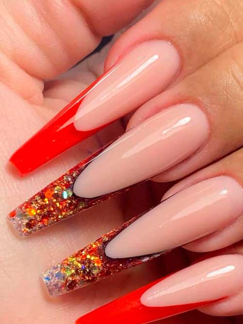 Long Coffin French Red Acrylic Nails with Glitter on Two Accent Nails