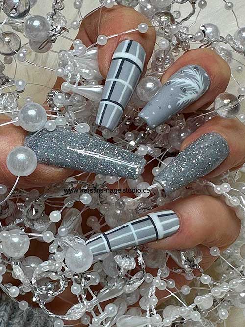 Long Coffin Grey Nails with Glitter and Plaid Nail Art on Two Accent Nails Long Coffin Grey Nails with Glitter and Plaid Nail Art on Two Accent Nails