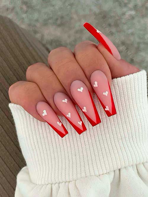 Long Coffin Matte Valentines V Cut French Tip Nail Design with White Heart Shapes