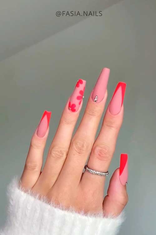 Long Coffin Neon Red French Tip Nails with Red Flower on Accent Nail Besides A Nude Accent Nail
