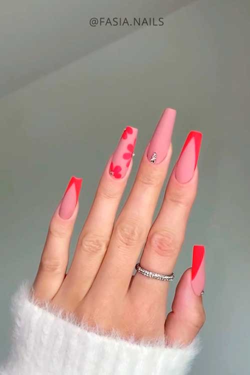 Neon Red French Tip Nails Long Coffin Neon Red French Tip Nails with Red Flower on Accent Nail Besides A Nude Accent Nail