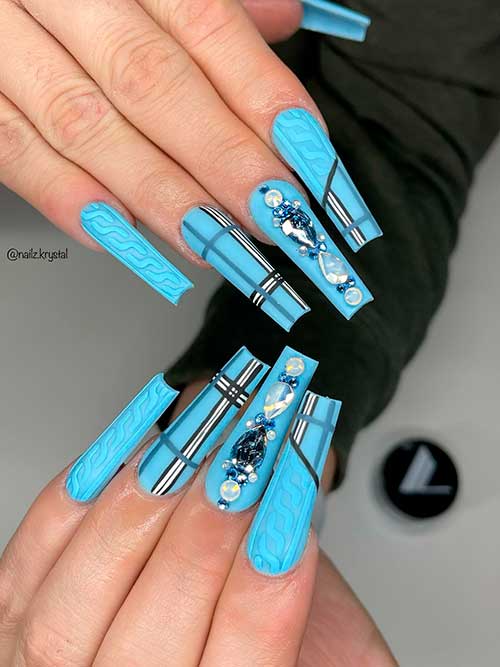 Long Coffin Shaped Matte Sweater and Plaid Icy Blue Winter Nails with Rhinestones