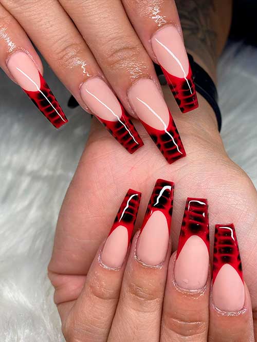 Long Coffin Shaped Red French Tip Snake Nails