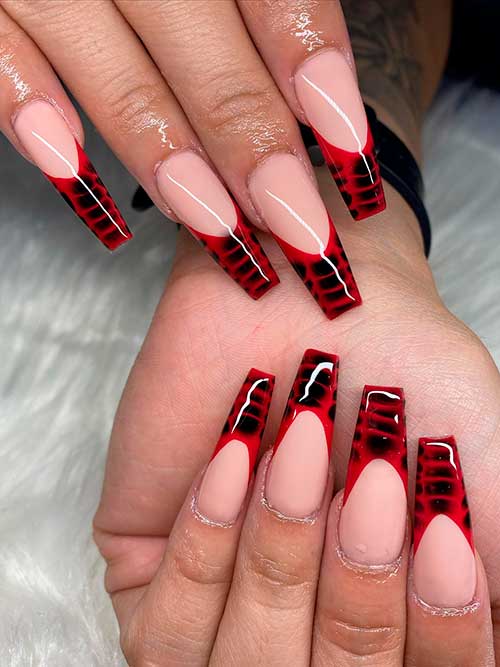 Red French Tip Snake Nails Long Coffin Shaped Red French Tip Snake Nails